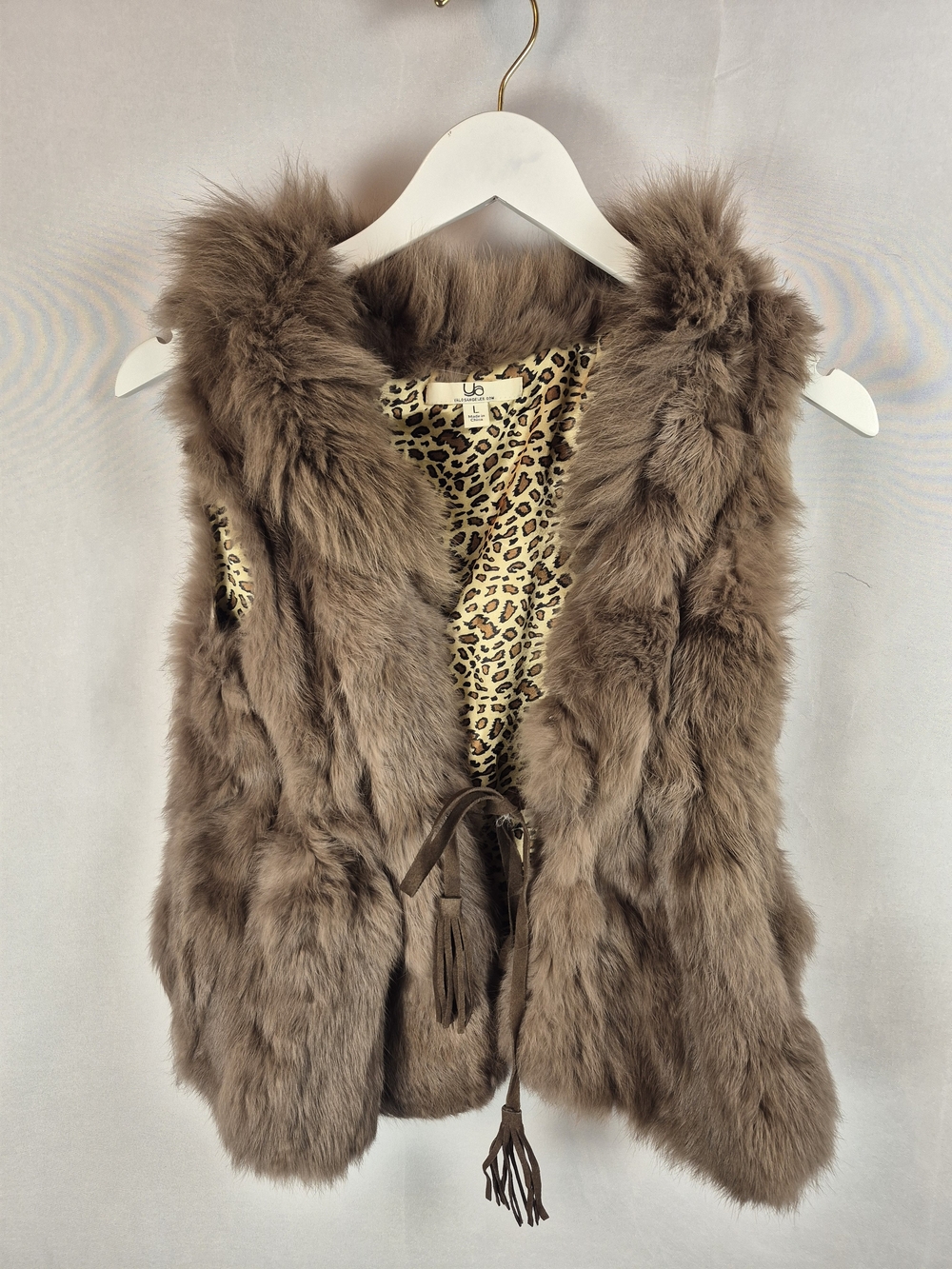 Ya Los Angeles Taupe Faux Fur Vest with Leopard Lining Size L